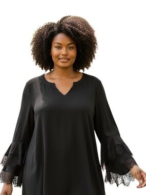 Allison Daley Black Lace-Sleeve V-Neck Women's Top Size 1X